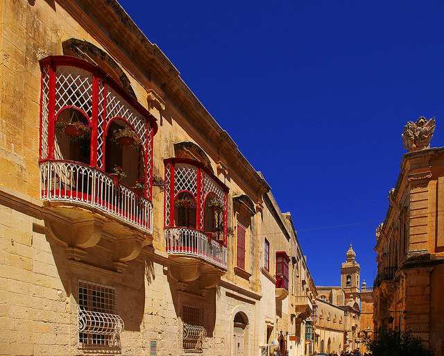 by albireo2006 on Flickr.Red balconies in Mdina, the old capital of Malta.