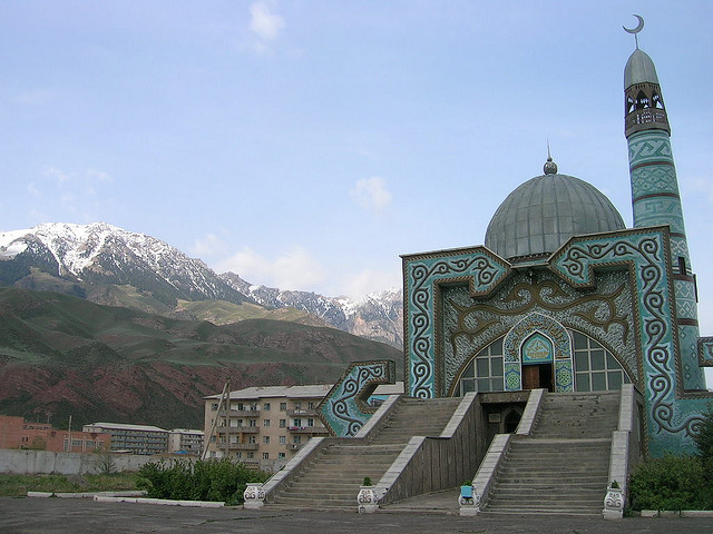 by hudson_jeremy on Flickr.Mosque near Tian Shan Mountains in Naryn, Kyrgyzstan.