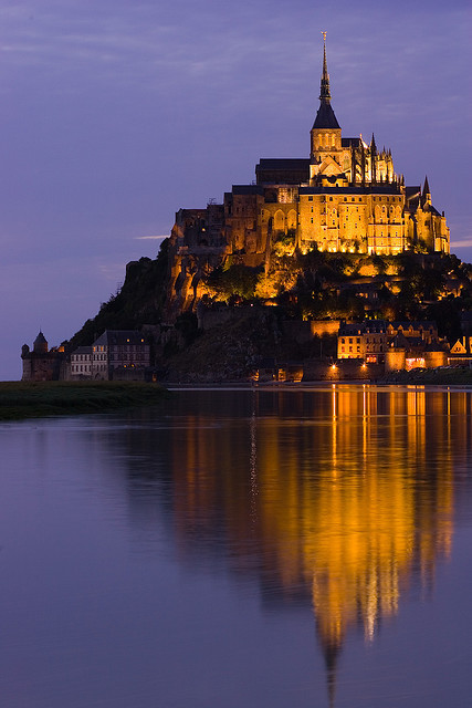 Reflections in the night, Le Mont Saint-Michel, Normandy, France
