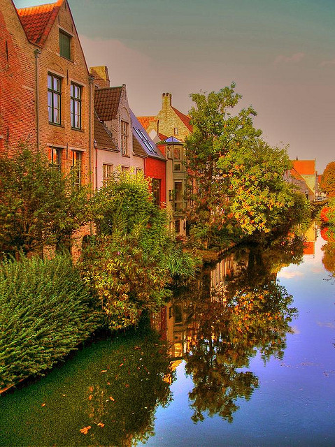 Reflections at dusk in Bruges, Belgium
