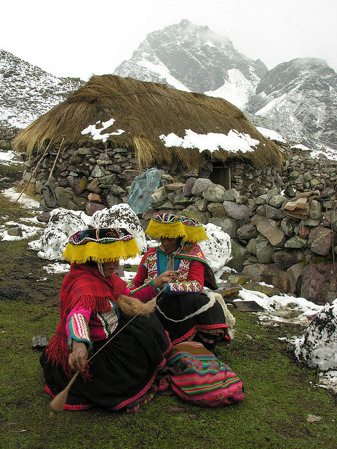 Quechua natives at the footsteps of Ausangate Peak in Cordillera Vilcanota, Peru