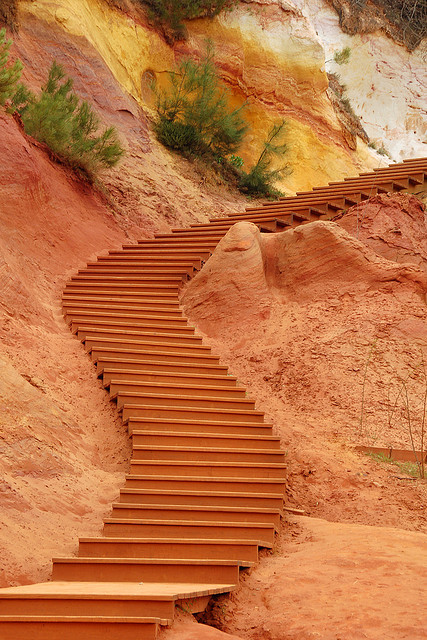 Stairs of ochre at Les Ocres de Roussillon, Vaucluse, France