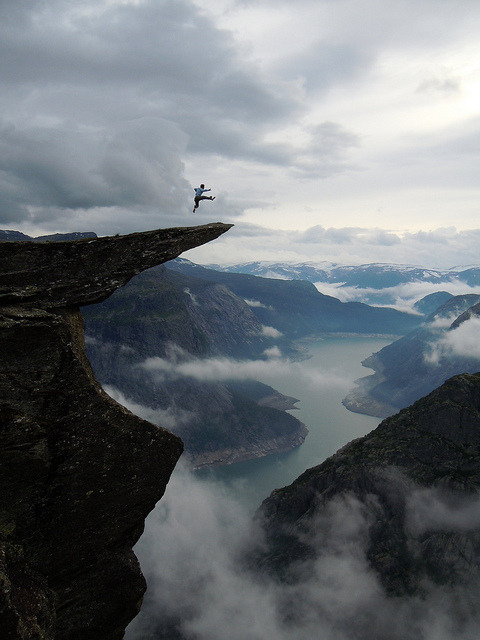 Jumping on Trolltunga Rock, Norway