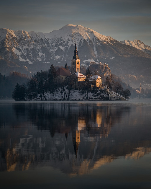 Winter sunrise at Lake Bled, Slovenia